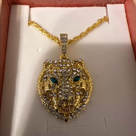 New tiger face green eyes stainless steel necklace - Picture 3 of 3